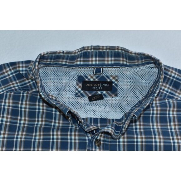 Ariat Pro Series Men's Shirt Size XXLT Navy Blue Plaid Short Sleeve Button Up - Picture 2 of 14